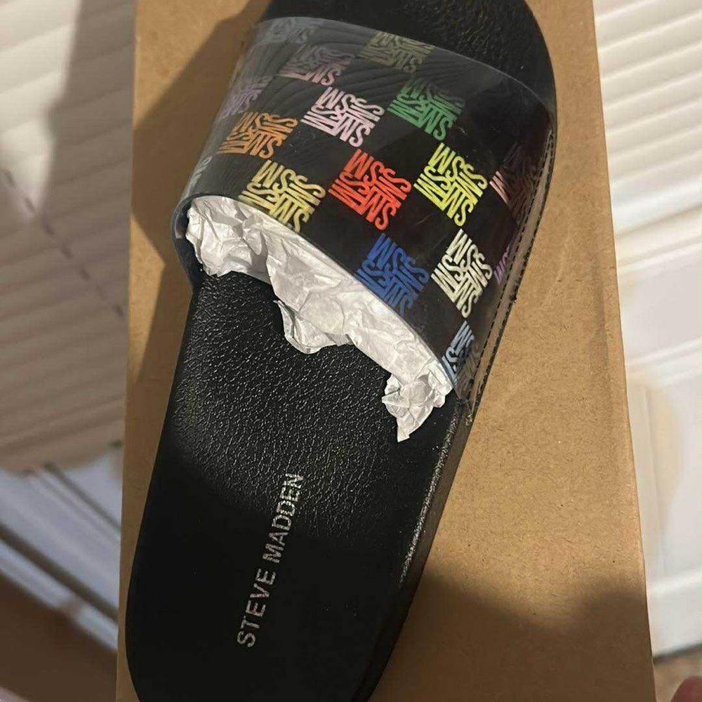 Steve Madden Black Slides with Colorful Logo